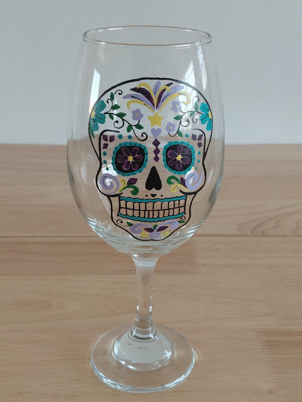 Hand-painted sugar skull wine glass